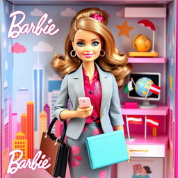 A delightful and charming Barbie doll packaged in a beautifully designed doll box, presenting her as a cute administrator of international businesses