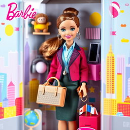 A delightful and charming Barbie doll packaged in a beautifully designed doll box, presenting her as a cute administrator of international businesses