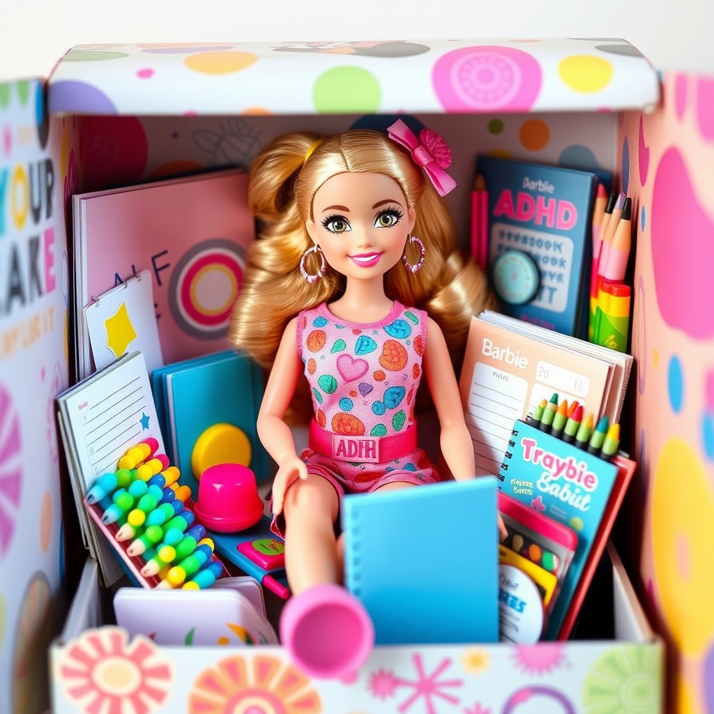A cute Barbie doll designed with features that highlight ADHD, sitting inside a colorful, whimsical doll box filled with accessories that promote focus and creativity