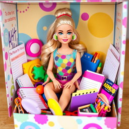 A cute Barbie doll designed with features that highlight ADHD, sitting inside a colorful, whimsical doll box filled with accessories that promote focus and creativity