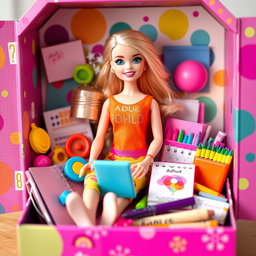 A cute Barbie doll designed with features that highlight ADHD, sitting inside a colorful, whimsical doll box filled with accessories that promote focus and creativity