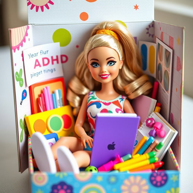 A cute Barbie doll designed with features that highlight ADHD, sitting inside a colorful, whimsical doll box filled with accessories that promote focus and creativity