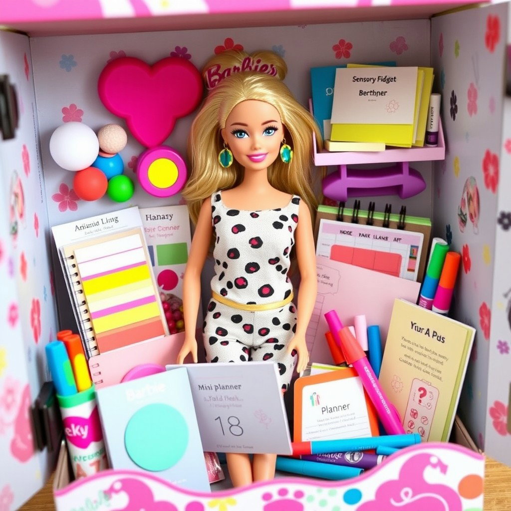 A pretty Barbie doll with features representing ADHD, inside a charming doll box filled with various colorful accessories tailored for someone managing ADHD