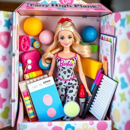 A pretty Barbie doll with features representing ADHD, inside a charming doll box filled with various colorful accessories tailored for someone managing ADHD