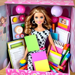 A pretty Barbie doll with features representing ADHD, inside a charming doll box filled with various colorful accessories tailored for someone managing ADHD