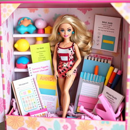 A pretty Barbie doll with features representing ADHD, inside a charming doll box filled with various colorful accessories tailored for someone managing ADHD