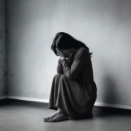 A woman sitting alone, her posture conveying a deep sense of depression, head in her hands, with a gloomy surrounding.