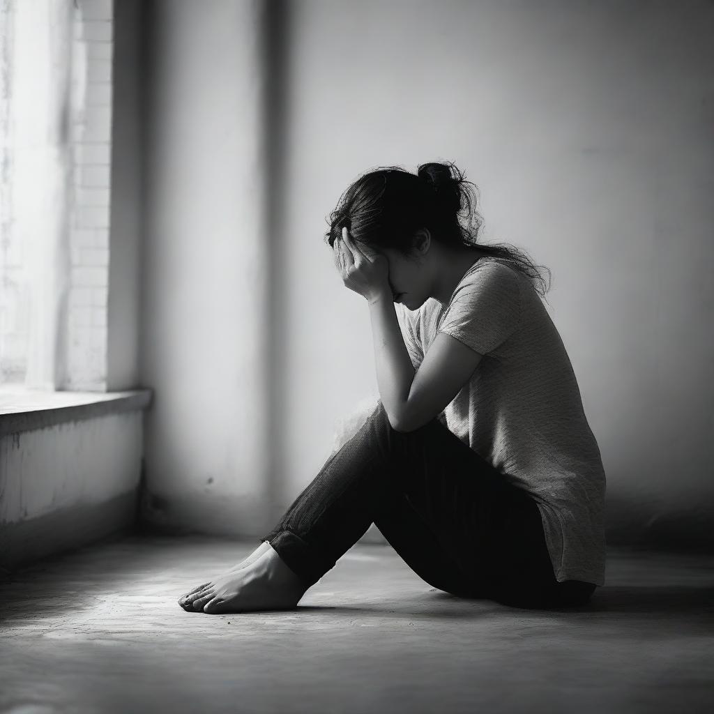 A woman sitting alone, her posture conveying a deep sense of depression, head in her hands, with a gloomy surrounding.