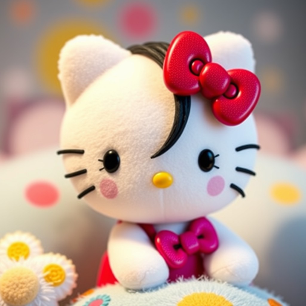 A cute and charming version of Hello Kitty, featuring her iconic design with dark red hair transformed into sleek black hair