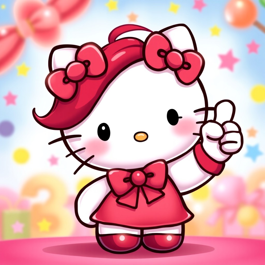 A delightful and charming portrayal of Hello Kitty with vibrant dark red hair, styled in her classic way