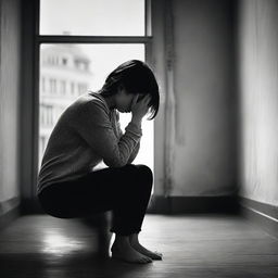 A woman sitting alone, her posture conveying a deep sense of depression, head in her hands, with a gloomy surrounding.