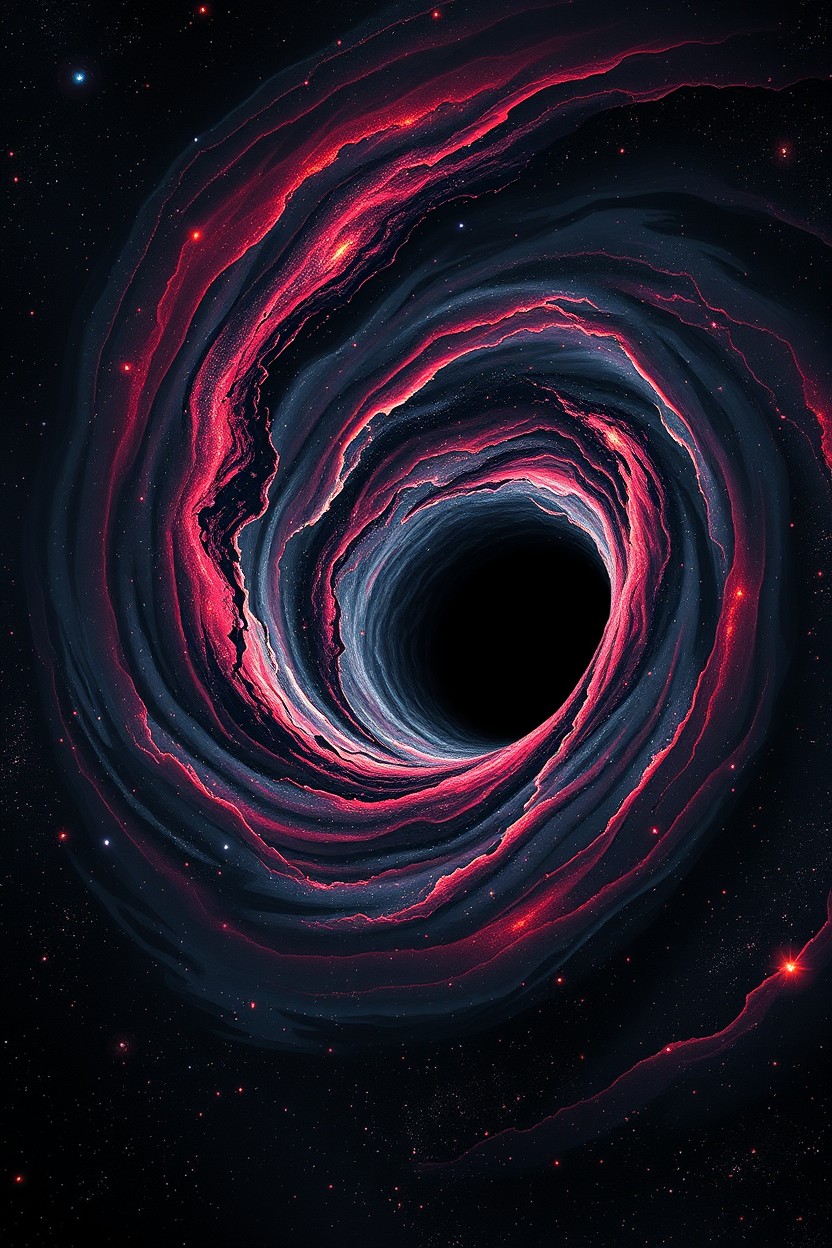 A vast swirling galaxy being torn apart by a colossal black hole, with stars stretching into distorted lines creating an awe-inspiring yet ominous effect