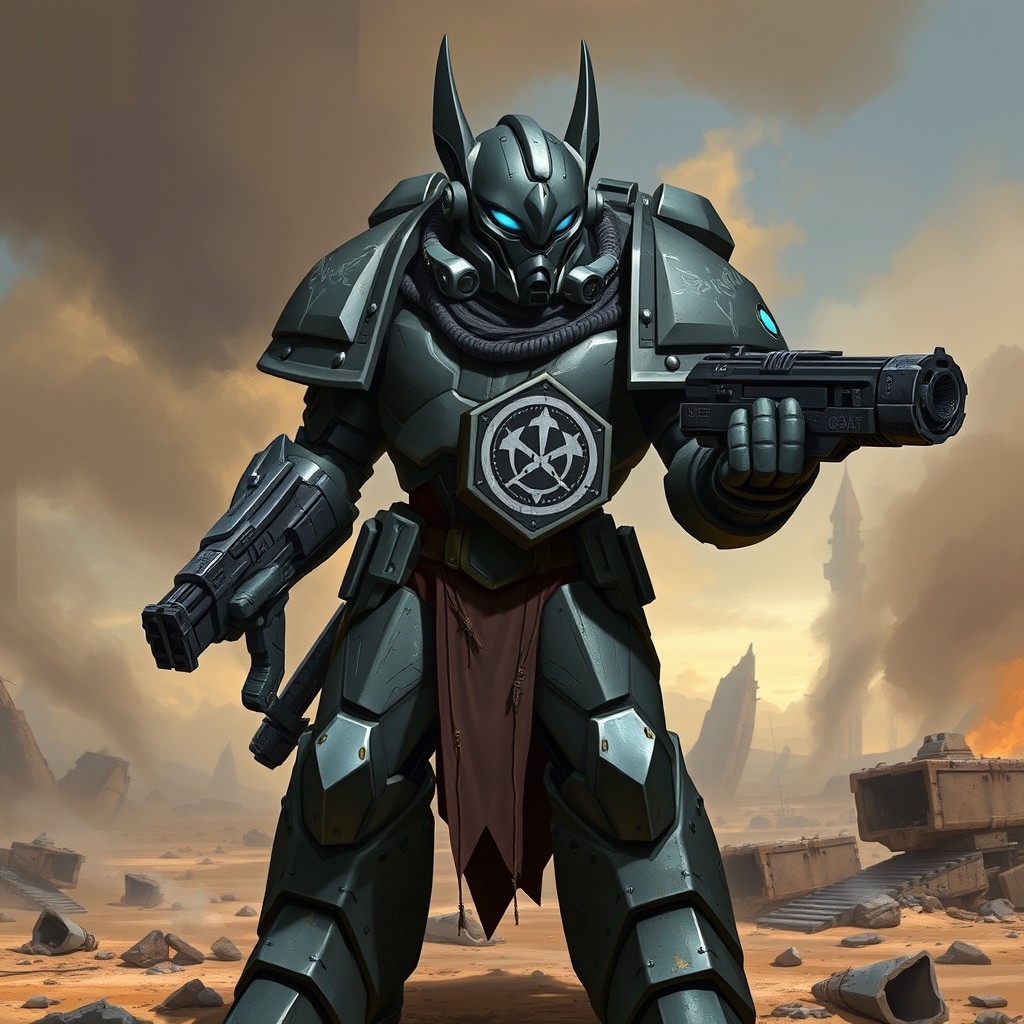 A Luna Wolf Space Marine, reimagined from the Lancer TTRPG Caliban, is donned in intricately detailed power armor reflecting a blend of futuristic design and ancient aesthetics
