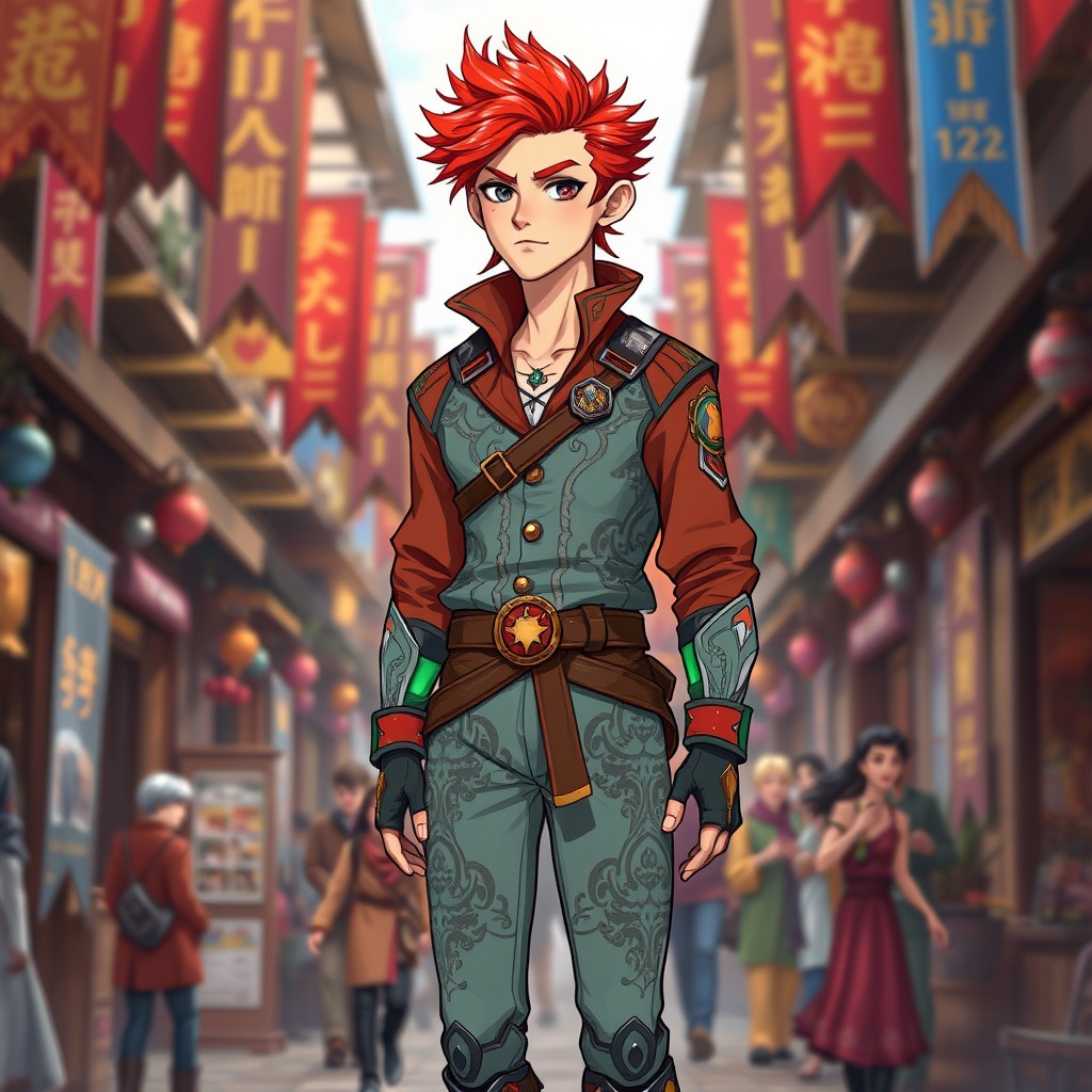 A thin male character standing at 5'7" tall, styled in modernized medieval bard clothing