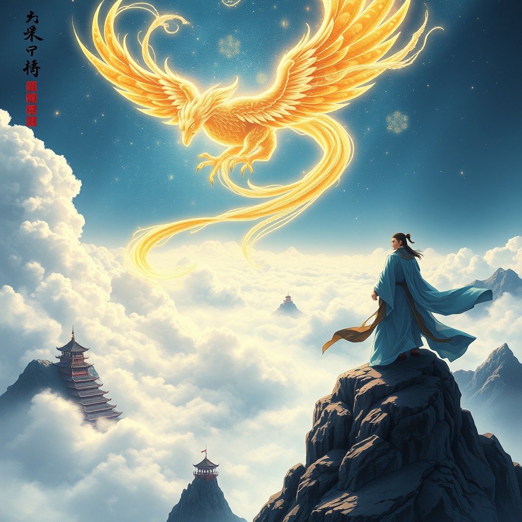 A majestic, highly detailed, high-resolution illustration in the style of a premium Chinese Xianxia Manhua cover featuring the protagonist Ye Futian standing atop a towering, mist-shrouded mountain peak