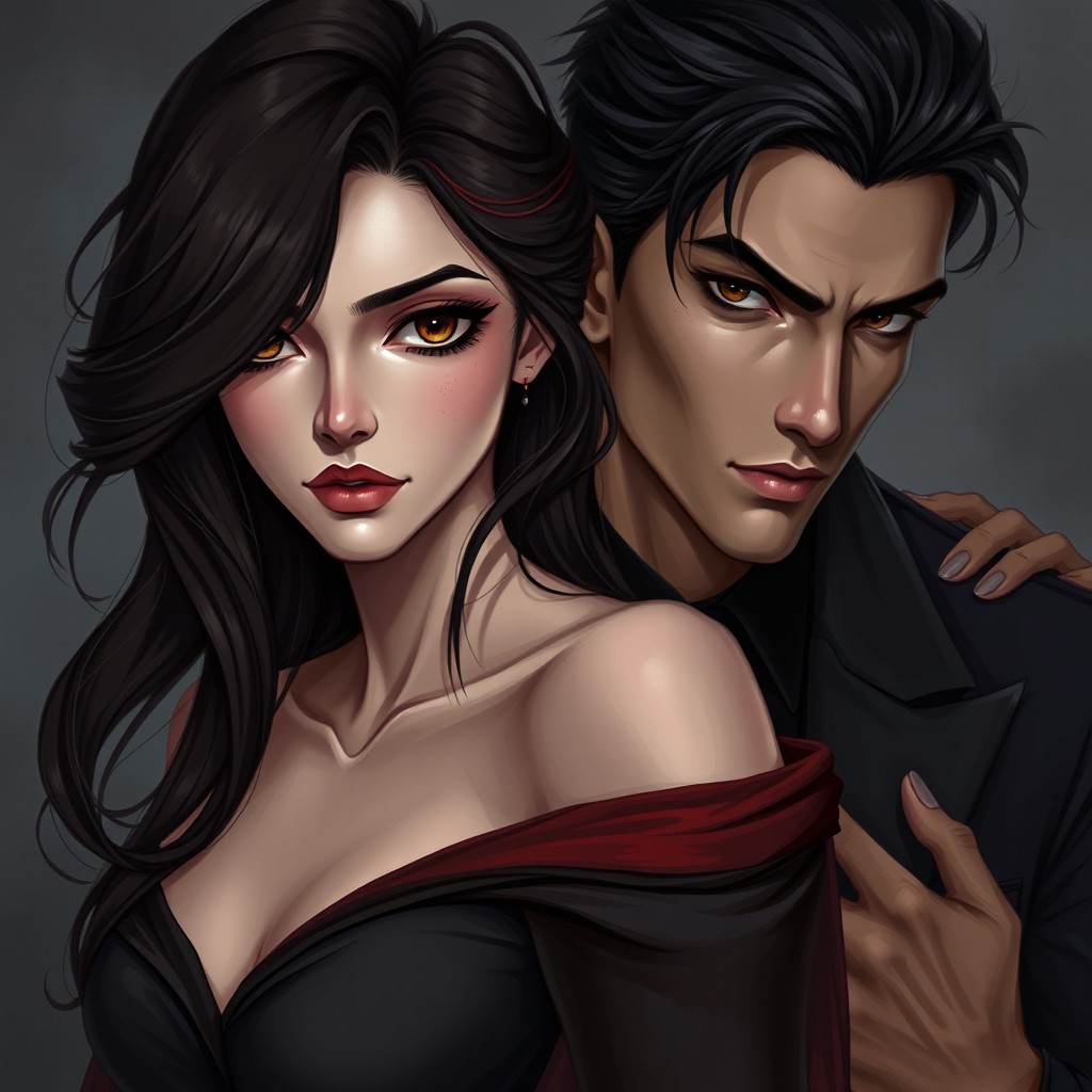 A highly detailed, striking digital illustration of a captivating young couple in a dark fantasy romance style