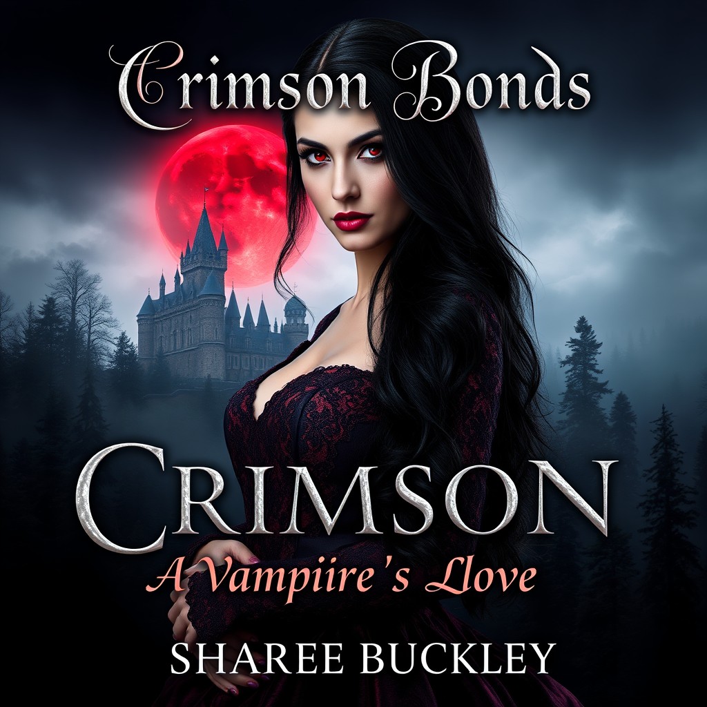 A captivating book cover for 'Crimson Bonds: A Vampire's Love', authored by Sharee Buckley