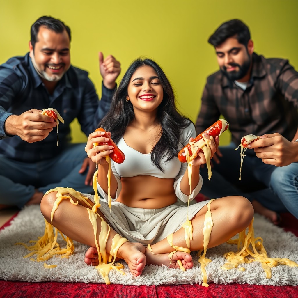 A vibrant scene featuring a hot Pakistani 18-year-old girl sitting criss-cross on a soft rug, with long dark hair cascading around her shoulders
