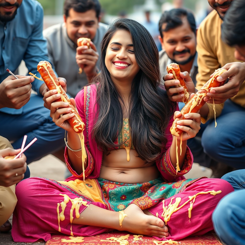 A hot Pakistani girl, 18 years old, sitting criss cross with a joyful expression, eyes closed, smiling brightly