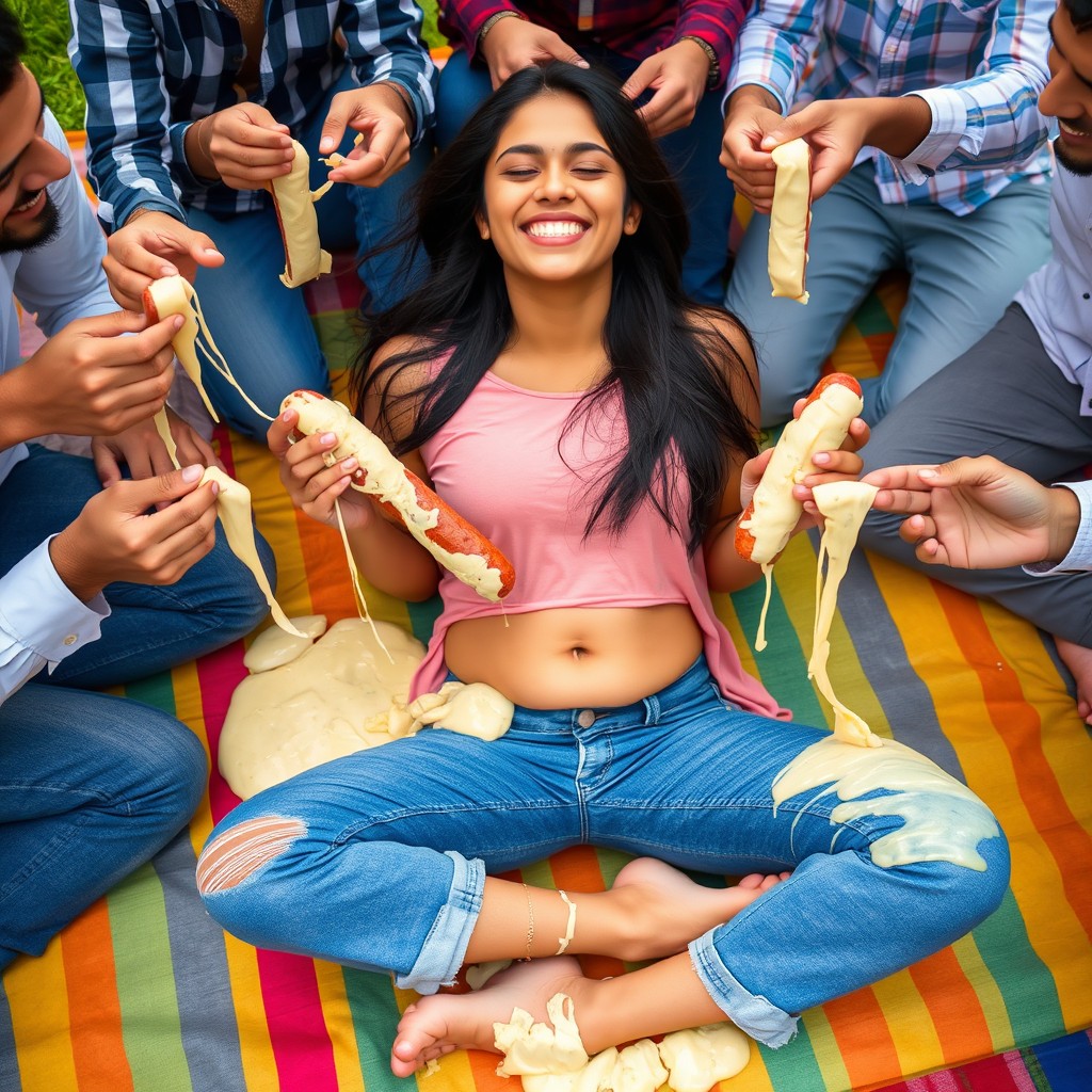An attractive young Pakistani woman, 18 years old, sitting criss-cross on a vibrant picnic blanket with a joyful smile and eyes closed