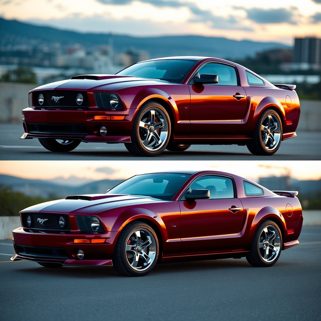 A vibrant 2005 Mustang in dark cherry color, showcasing sleek lines and a muscular stance