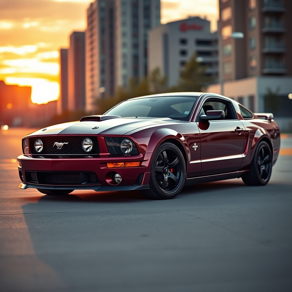 A sleek 2005 Ford Mustang in dark cherry color, showcasing its muscular design and distinctive silhouette