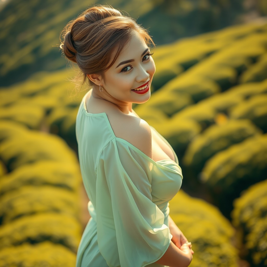 A high angle shot of a 30-year-old Javanese woman with a curvy figure, taken from a half-body perspective