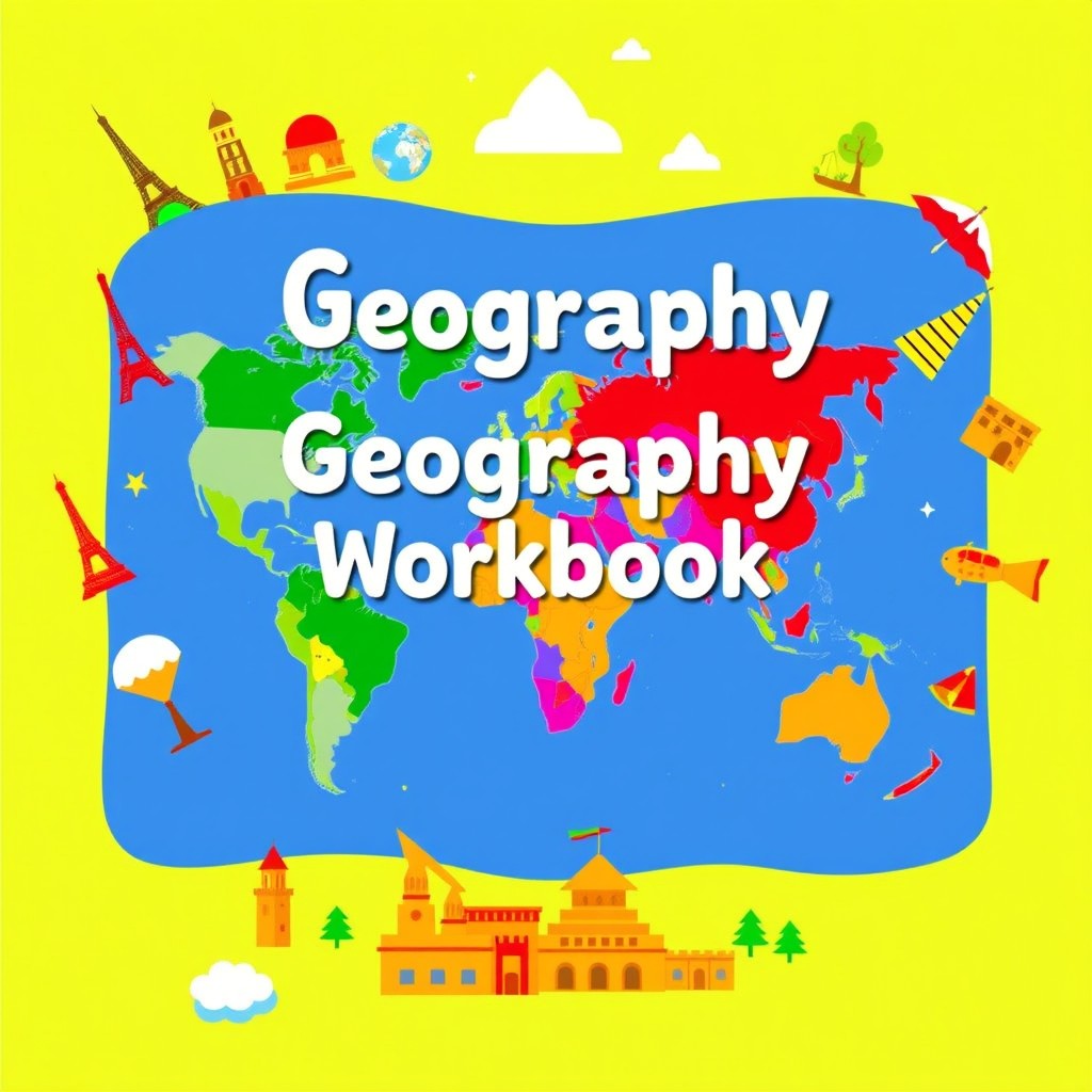 A vibrant and colorful cover page for a geography workbook, featuring a world map with countries highlighted in vivid colors