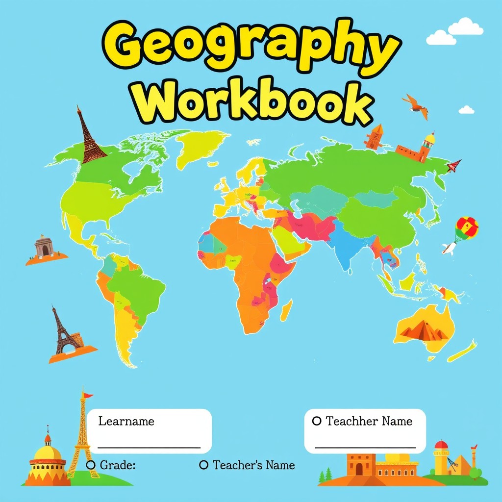 A vibrant and colorful cover page for a geography workbook, featuring a detailed world map with countries highlighted in vivid colors