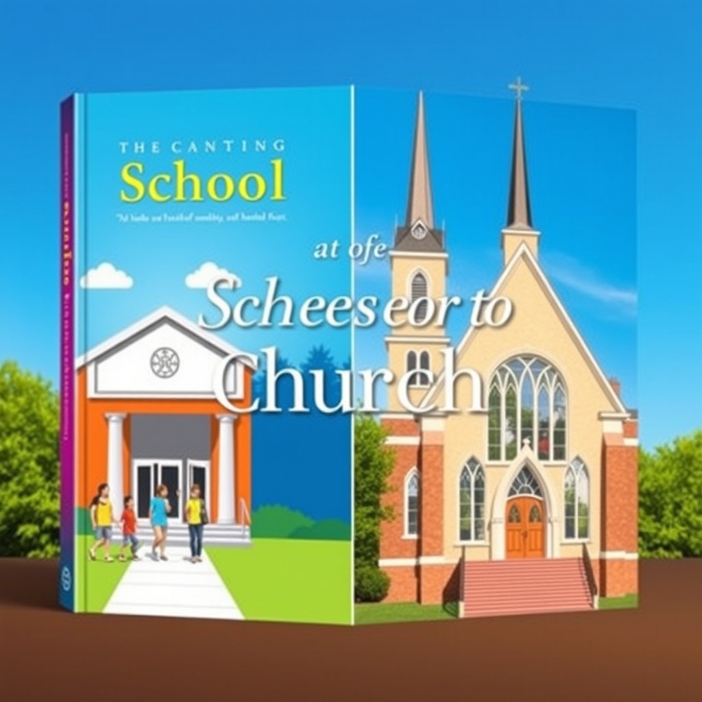 A visually appealing book cover design depicting a transition from a school to a church