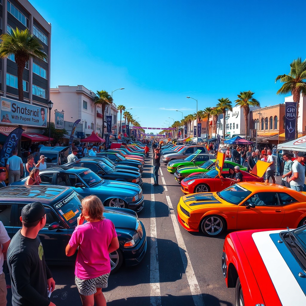 A dynamic scene from a vibrant street car festival, featuring a diverse collection of modified cars showcasing their unique designs and vibrant colors