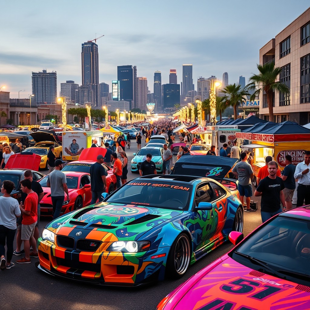 An exhilarating street motor festival scene, showcasing an array of eye-catching vehicles and custom cars decked out in vibrant wraps and decals
