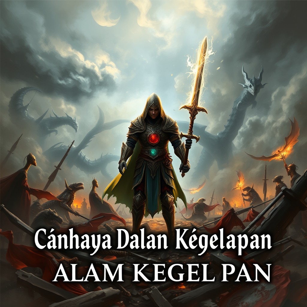 A novel cover for 'Cahaya Dalam Kegelapan', depicting a medieval fantasy scene filled with strange creatures and magic