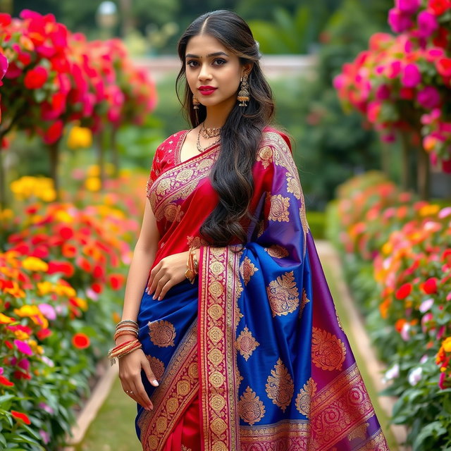 A beautiful woman wearing a stunning, intricately designed traditional Indian saree