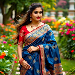 A beautiful woman wearing a stunning, intricately designed traditional Indian saree