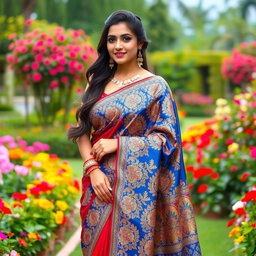 A beautiful woman wearing a stunning, intricately designed traditional Indian saree
