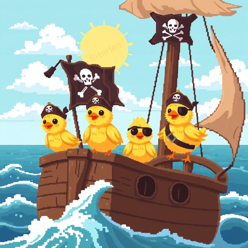 A pixel art scene featuring four adorable chicks standing on a pirate ship