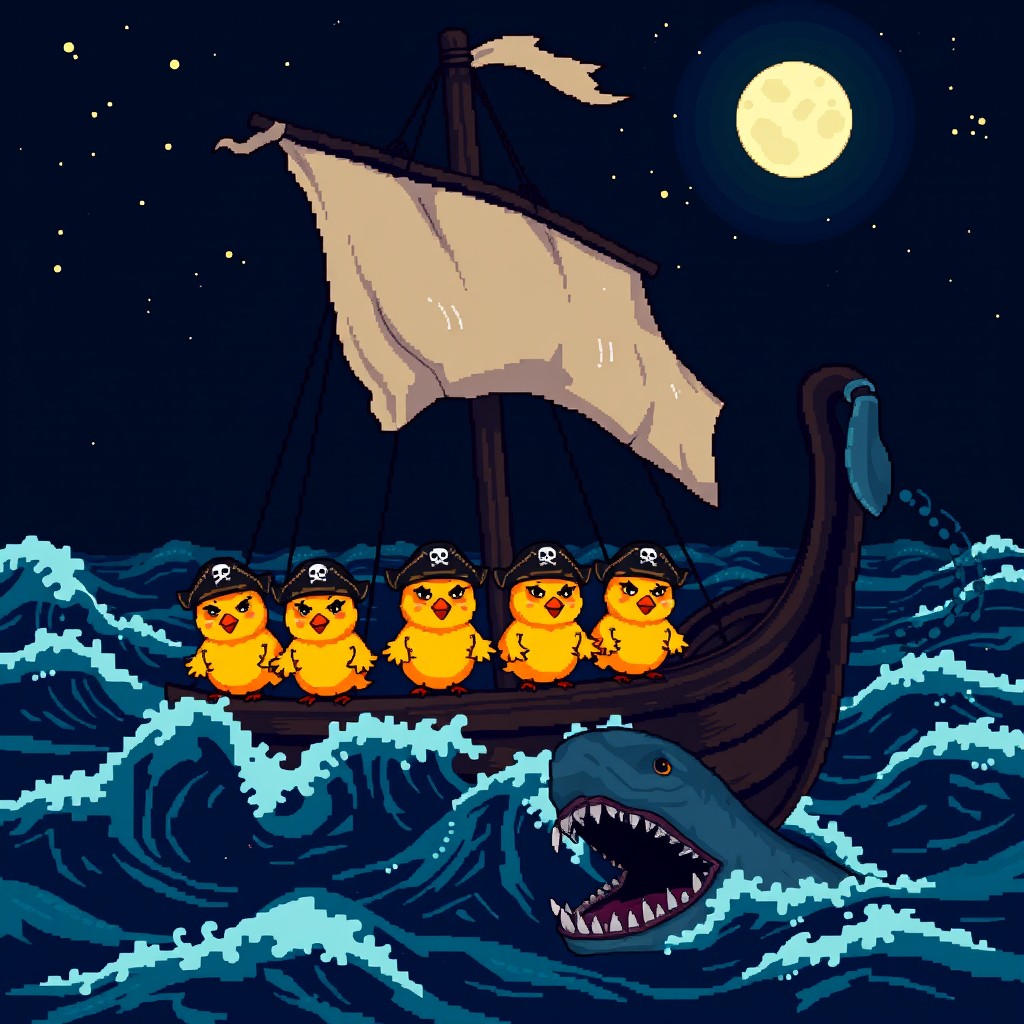A pixel art scene depicting four mischievous chicks standing on a pirate ship at night