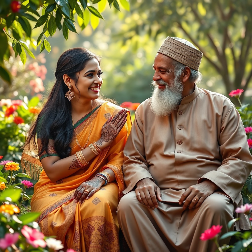 A serene and harmonious scene depicting a Hindu woman in traditional attire, with intricate henna designs on her hands, sitting beside an elderly Muslim man in elegant, traditional attire