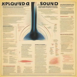 Educational poster merging themes of Physics and sound, illustrating sound waves, their interaction with surroundings, and examples of their importance in society, captioned 'Physics of Sound: The Resounding Impact'.