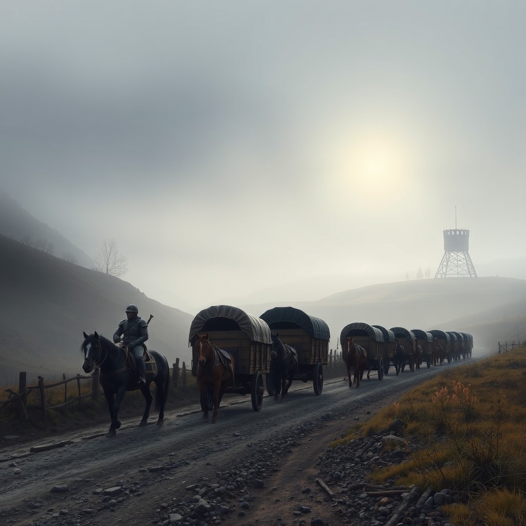 Early morning in a misty valley with soft, diffused sunlight barely piercing through the gray sky