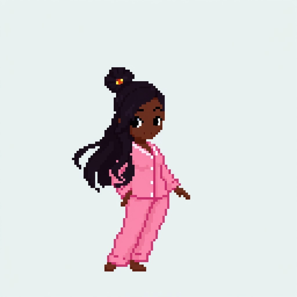 A pixel art character who is a black woman with a well-defined body shape