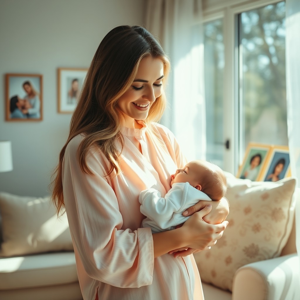 A heartwarming and cozy scene depicting a loving mother in a beautiful sunlit room, holding her baby in a warm embrace