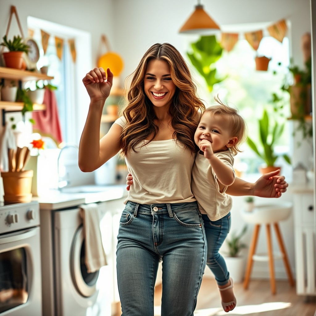 A passionate scene capturing the essence of maternal love, featuring a confident mother in her thirties with long wavy hair, wearing a stylish yet casual outfit that accentuates her figure