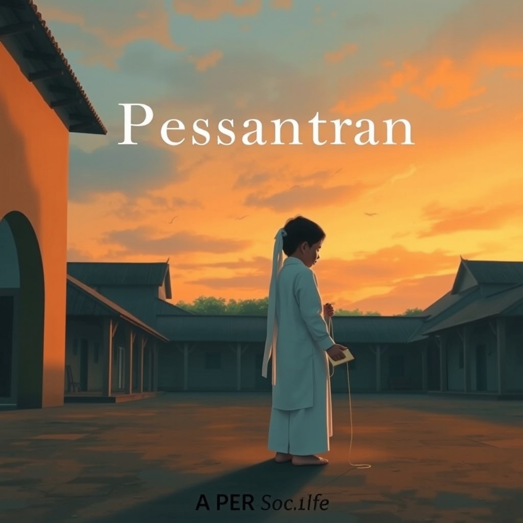 A serene pesantren courtyard scene or a tranquil village atmosphere during the evening, with a melancholic sky