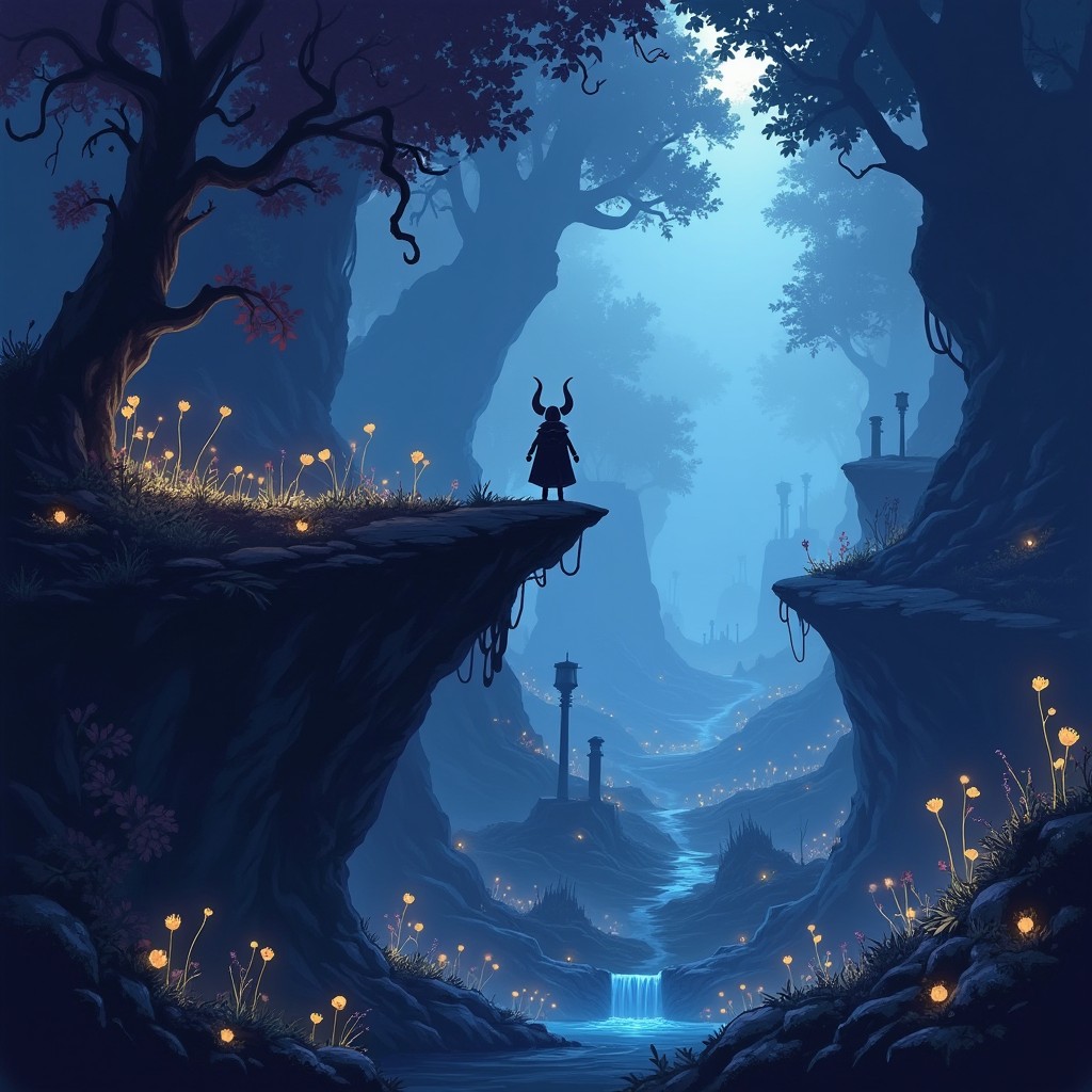 A beautiful desktop wallpaper in the art style of Hollow Knight, featuring a dark, atmospheric landscape with intricate, hand-drawn details