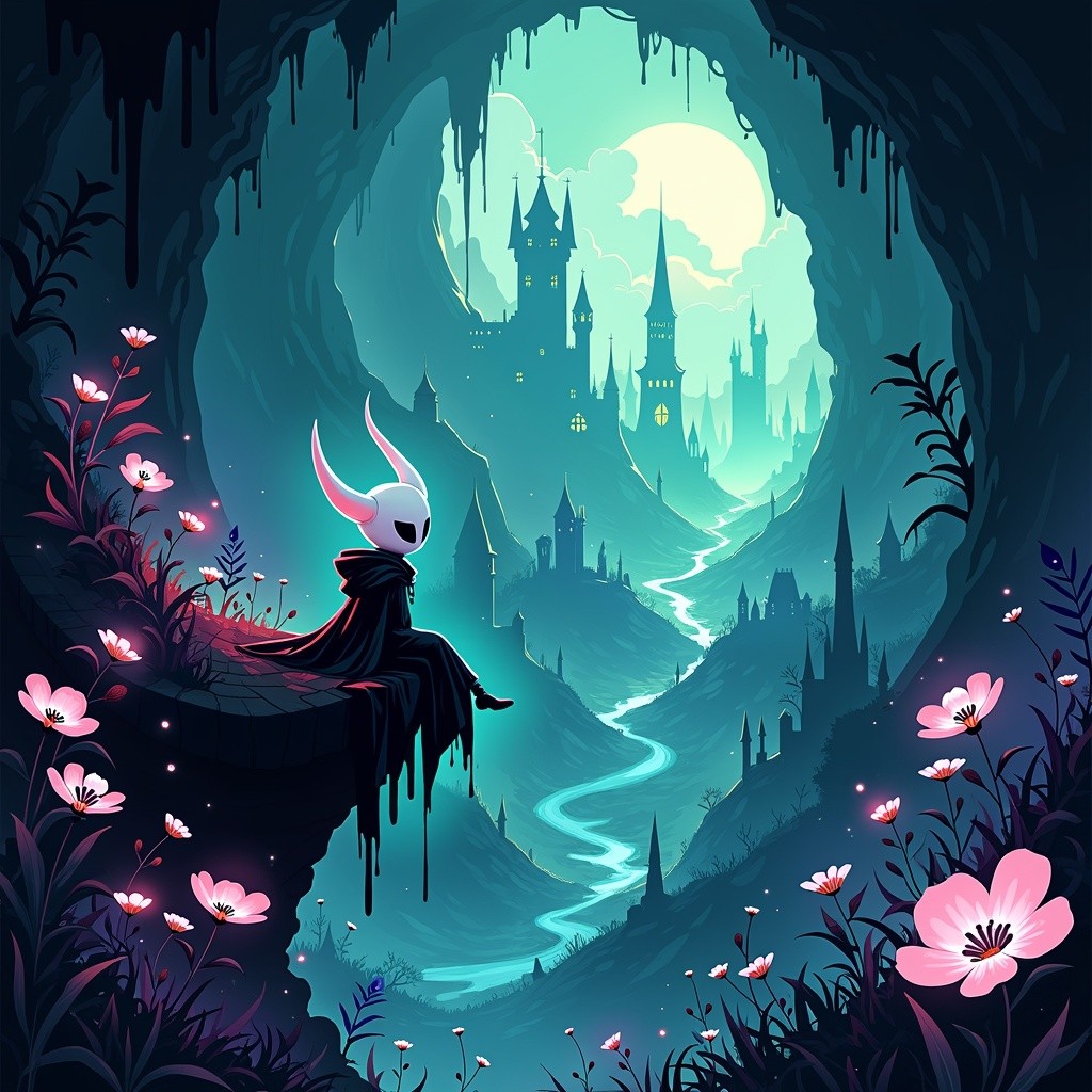 A stunning desktop wallpaper inspired by the art style of Hollow Knight, showcasing a hauntingly beautiful underground realm