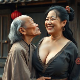 In a medieval Chinese village, an elderly Indonesian woman, very petite and malnourished, with visible age and wearing a long, fully-closed Buddhist robe, has medium-length hair and medieval earrings