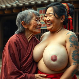 In a medieval Chinese village, an elderly Indonesian woman, very petite and malnourished, with visible age and wearing a long, fully-closed Buddhist robe, has medium-length hair and medieval earrings