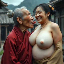 In a medieval Chinese village, an elderly Indonesian woman, very petite and malnourished with rotten teeth, is depicted wearing a long, fully-closed Buddhist robe